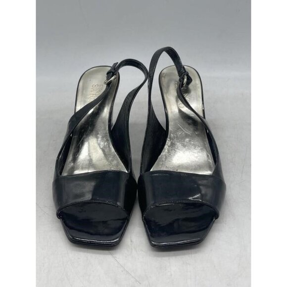 Franco Sarto Black Italian Patent Leather Sling Back Wedges sz 8.5 with 3" heels - Picture 3 of 5